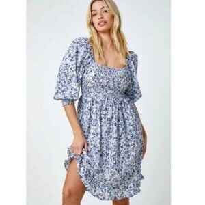 SUPER NATURAL by Secret Mission Greenport Dress Size Large Denim Blue Floral NWT